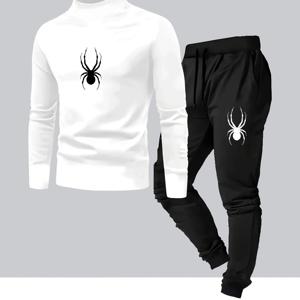 TEMU 남성 블랙 & 프린트 운동 세트 - 슬림핏 긴소매 하이넥 티셔츠 & 조거 팬츠, 통기성 좋은 스트레치 원단, 올 시즌용 (헬스 & 야외 활동)|반바지|남자반바지|반팔티