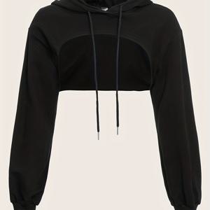 TEMU 솔리드 드로스트링 자르기 후드, 봄용 캐주얼 긴 소매 후드 티 셔츠, 여성 의류