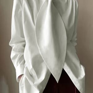 TEMU 봄과 가을을 위한 우아한 솔리드 롱 슬리브 블라우스, 앞 단추와 타이 넥 디자인, 여성 의류