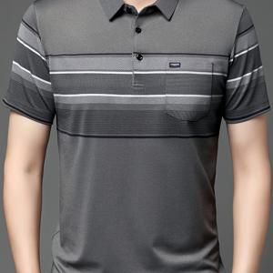 TEMU 남성용 캐주얼 여름 폴로 셔츠, 수평 줄무늬, 포켓 포함 - 통기성, 반팔, 가벼운 상의, 캐주얼 의상, 캐주얼 의상|줄무늬 폴로 셔츠|조금 신축성 있는 소재