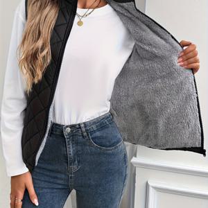 TEMU 집업 푹신한 라펠 퀼팅 조끼, 가을/겨울용 캐주얼 열 민소매 포켓 조끼, 여성 의류