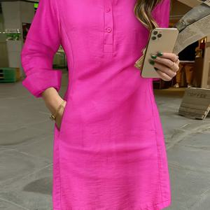 TEMU 솔리드 컬러 버튼 프런트 셔츠 드레스, 우아한 롱슬리브 슬림 미니 드레스 (봄 & 가을), 여성 의류