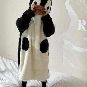 TEMU 귀여운 만화 펭귄 플리스 두꺼운 가을 & 겨울용 나이트 로브, 긴팔 후드 헐렁한 핏 로브 할로윈 & 크리스마스용, 여성용 잠옷 & 드레스