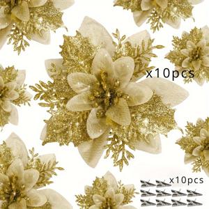 TEMU 20개 반짝이 크리스마스 트리 장식 - 핑크 & 화이트 포인세티아 꽃 클립 및 줄기 포함, 내구성 플라스틱 오너먼트 (크리스마스, 새해, 웨딩, 파티, 리스, DIY 가랜드용) - 전기 불필요, 사용하기 쉬운 크리스마스 장식, 축제 장식, 우아한 플로럴 디자인, 간편한 클립