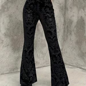 TEMU 봄/가을용 벨벳 같은 중간 신축성의 식물 무늬 엠보싱 하이웨이스트 플레어 팬츠 여성용 - 캐주얼 및 정장용 세탁 가능한 우아한 바지 | 자카드 질감