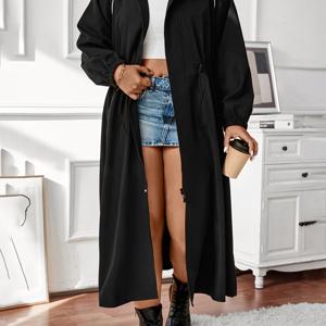 TEMU 플러스 사이즈 여성 캐주얼 지퍼업 코트 - 드로스트링 허리 & 라펠 칼라, 100% 폴리에스터 미디 길이 가벼운 재킷, 사이드 포켓, 봄/가을용 세탁기 사용 가능