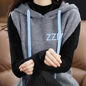 TEMU 우아한 V넥 후드가 달린 니트 조끼, 솔리드 컬러 비스코스 풀오버, 세련된 레터링 디자인, 다재다능한 올 시즌 착용 가능|민소매