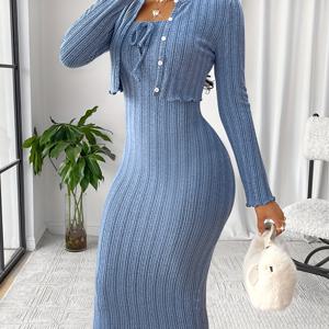 TEMU 여성용 캐주얼 심플 텍스처 솔리드 컬러 보타이 홀터넥 드레스와 짧은 재킷 투피스 세트