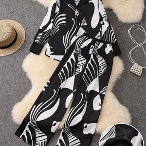 TEMU 휴가용 새로운 패션! 블랙 앤 화이트 아트 프린트 슈트, 와이드 레그 팬츠 조합의 심플하고 우아한 슈트, 리조트 산책, 스타일 감각을 쉽게 포착하세요. 휴일 의상 비밀번호를 해제해보세요! 흑백 무늬 바지 슈트, 독특한 디자인, 캐주얼하면서도 세련된