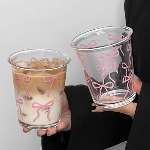 TEMU 1/2/4개 판매 Bow 유리(프랑스식 핑크) - 데이 선물, 생일 선물, 음료 컵, 우유 컵, 재사용 가능, 커피, 우유, 주스에 적합, 아침 식사, 주방 용품, 결혼식 유리, 파티 유리, 아침 식사 컵, 내구성 있는 유리