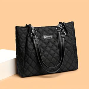 TEMU 여성용 우아한 퀼트 나일론 토트백 - 대용량 출퇴근 및 쇼핑 가방, 지퍼 클로저, 고정 숄더 스트랩, 화이트/블랙, 드라이클리닝 전용, 재사용 가능한 쇼핑백, 세련된 액세서리|소품샵