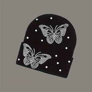 TEMU 1pc 나비 라인스톤 아크릴 베니 하트, 여성용 신축성 있는 통기성 있는 핫 스탬프 니트 캡