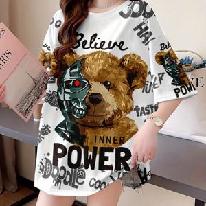 TEMU 여성용 플러스 사이즈 오버사이즈 그래픽 티셔츠 - 귀여운 곰 캐릭터 & 인스피레이션 문구 프린트, 통기성 스트레치 원단, 롱라인 캐주얼 탑, 봄 여름 가을용, 라운드넥, 비침 방지 소재, 세탁기 사용 가능