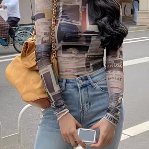 TEMU 여성용 우아한 아메리칸 스트리트웨어 빈티지 메쉬 티셔츠 - 신문 프린트가 있는 반투명 크롭 긴팔 탑, 라운드 넥 & 중간 스트레치, 세탁기 사용 가능한 봄/여름 캐주얼 셔츠, 여성용 티셔츠, 편안한 미디엄 스트레치