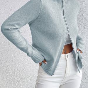 TEMU 여성용 연한 파랑 & 흰색 컬러 블록 지퍼업 가디건 - 두꺼운, 긴 소매, 크루 넥, 캐주얼 스타일, 사계절 착용 가능, 캐주얼 웨어 가디건 | 컬러 블록 가디건 | 지퍼가 있는 가디건