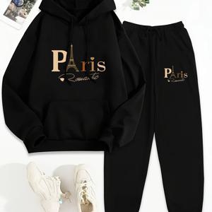 TEMU 플리스1001WP16 후드티, 유럽 및 미국 여성 가을 및 겨울 패션, 독특한 프린트 캐주얼 두피 세트