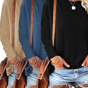 TEMU 3피스 여성용 캐주얼 라운드넥 긴팔 탑 - 릴랙스 핏 솔리드 컬러 블라우스, 화이트/라이트 그레이 & 블랙, 봄/가을 레이어링 필수품, 세탁기 사용 가능, 부드러운 질감의 다재다능한 패션