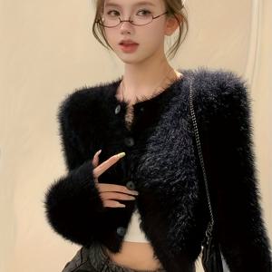 TEMU 숏 플러시 재킷 - 소프트 버튼 프론트 , 봄/가을 레이어링용 솔리드 블랙 숏 코트, 한국 스타일 패션 아우터웨어 (손세탁/드라이클리닝)