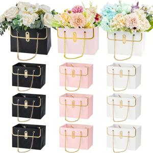 TEMU 12개 우아한 꽃 선물 상자, 골드 핸들 포함 - 화환 및 꽃 장식용 4개 흰색, 4개 분홍색, 4개 검정색 종이 포장 상자 포함 - 결혼식, 생일, 파티, 선물 포장에 이상적