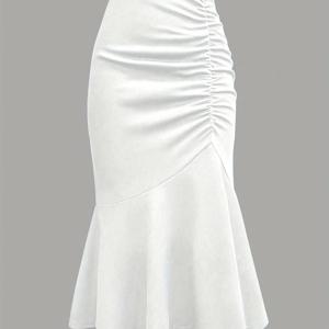 TEMU 여성용 우아한 인어 꼬리 스커트 - H라인 실루엣과 물결 모양 랩 트레인, 부드러운 미디엄 길이 A라인 헤미 드레스 (허리밴드 없음) - 세탁기 사용 가능 브라운/베이지 올시즌 파티 웨딩 게스트 드레스