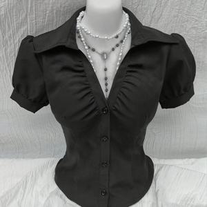 TEMU 여성용 루치드 블랙 반팔 블라우스 - 깊은 V 넥 디자인, 성인용 올시즌 셔츠, 스타일리시한 블라우스 | 루치드 탑 | 세부적인 넥라인