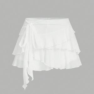 TEMU 여성용 로우라이즈 미니 스커트, 러플 레이스업 디테일 - 화이트 티어드 러플 스커트, 봄/여름/가을, 캐주얼에서 정장까지, 계절 패션, 레이어드 스커트 디자인, 정장 의상, 봄 여름 패션, 플로우리 소재