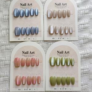 TEMU 40개 솔리드 컬러 캣 아이 프레스온 네일 세트 - 그라데이션 핑크/블루/글리터 애프리콧/밝은 그린 4가지 색상 - 패셔너블 데이트 웨어 또는 DIY 네일 아트용 숏 발레 매니큐어