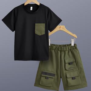 TEMU 2개 세트 남아용 캐주얼 의류, 폴리에스터 반팔 크루넥 티셔츠와 루즈핏 솔리드 컬러 쇼츠 (포켓 다수 포함), 봄/여름 일상복 및 야외 활동에 적합