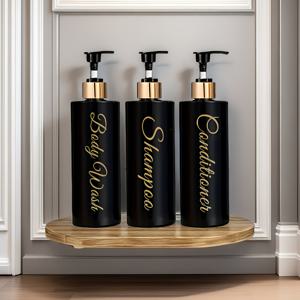 TEMU 황금 라벨이 달린 방청 디자인의 3개 세트 250ml/8.45oz BPA 프리 플라스틱 펌프 디스펜서 - 샴푸, 컨디셔너 및 바디워시용 재사용 가능한 공간 절약 병, 내구성 있는 니켈 프리 쉬운 설치 노즐, 리필 가능 병 | 현대적인 디스펜서 | 녹슬지 않는 펌프 병