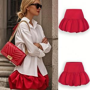 TEMU 여성용 스트레치 미니 스커트 - 지퍼 클로저가 있는 플레어 버블 스커트, 우아한 파티/오피스/일상복 - 가벼운 여름 드레스, 쉬운 관리의 시크한 의상, 러플 엣지 디자인, 매끄러운 질감 원단, 캐주얼 웨어, 트렌디 패션, 내구성 있는 소재