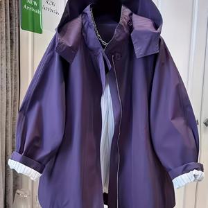 TEMU 여성용 캐주얼 폭스버거 재킷 - 보라색, 긴팔, 후드가 있는 지퍼업, 봄 & 가을용 편안한 핏, 캐주얼 아우터웨어 | 편안한 핏 재킷 | 지퍼업 재킷