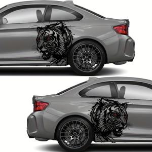 TEMU 2개 세트 강렬한 호랑이 머리 자동차 스티커 - 블랙 & 화이트 그래픽과 레드 액센트, 날씨에 강한 차량 외부 액세서리, SUV 및 트럭용 고급 비닐 데칼, 대비감 있는 디자인, 고품질 접착제, 내구성 있는 비닐 스티커