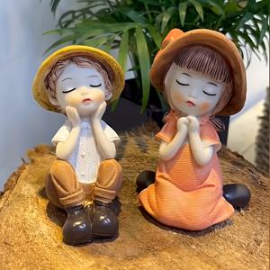 TEMU 2pcs 매력적인 레진 장식 - 손그림 소년과 소녀 인형, 평온한 표정으로, 실내 정원 장식, 결혼 선물, 가정 장식에 이상적, 실내 실외 사용, 결혼 선물 장식 | 평온한 인형 | 아트 데코 스타일, 정원 장식