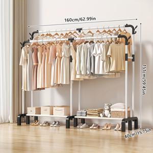 TEMU 1개 헤비듀티 스탠딩 옷걸이 & 신발 보관대 - 견고한 금속 의류 정리대, 공간 절약형 디자인 (거실/침실/현관용) - 간편 조립, 최대 18lbs 수납 가능 - 아파트·기숙사·사무실에 적합 - 블랙/화이트