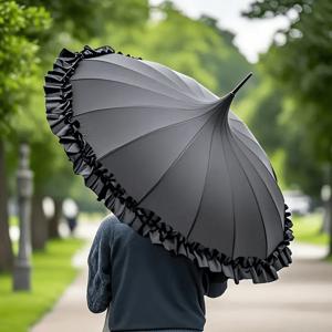 TEMU 16갈래 꽃무늬 레이스 웨딩 우산 - 수동 개폐식, 결혼식 및 파티 장식을 위한 우아한 러플 엣지 디자인의 고품질 신부용 파라솔 (블랙/베이지/레드/네이비), 야외 결혼식 장식, 고급스러운 외관