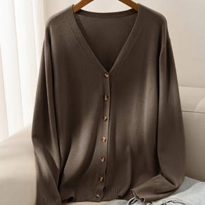 TEMU 여성용 우아한 V넥 긴팔 가디건 - 단색 브라운 오픈 프론트 스웨터, 버튼 디테일, 가을 & 겨울용 부드러운 소재, 다용도 레이어링 피스