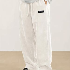 TEMU 남성용 코듀로이 바지 - 끈 조절 포켓 캐주얼 트라우저, 단색 통기성 루즈핏 밴딩 팬츠|냉장고바지|남자바지|바지