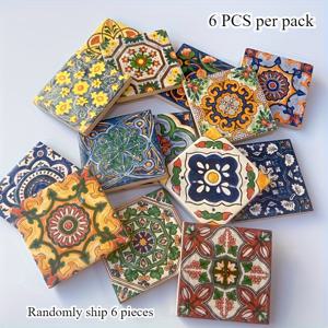 TEMU 6개 세트 핸드페인팅 유리 장식 타일, 빈티지 스타일 스페인 예술 DIY 프로젝트용 공예품, 홈 및 아트 크래프트 재료