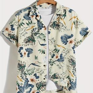 TEMU 남성용 열대 식물 꽃 무늬 반팔 버튼업 셔츠, 칼라 포함 - 휴가 및 야외 활동용 경량 폴리에스터 캐주얼 여름 상의, 하와이 스타일, 정상 핏, 스트레치되지 않은 원단, 하와이 여름 의류 | 열대 꽃 무늬 | 스트레치되지 않은 원단