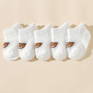 TEMU 5 쌍의 귀여운 만화 곰 유아 양말 - 부드러운 폴리에스터, 전년 전월 니트, 일상적인 착용에 적합, 손세탁만, 일상용 양말 | 재미있는 양말 디자인 | 니트 질감