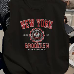 TEMU 남성용 뉴욕 브루클린 그래픽 민소매 탱크탑 - 네이비 블루 슬림핏 캐주얼 셔츠, 볼드 레드 & 화이트 글자와 별무늬 디자인, 여름용 스트레치 원단, 탱크탑, 어반 스트리트웨어, 편안한 핏, 스타일리시 조끼, 스트릿 스타일러브