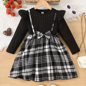 TEMU 세련되고 체크무늬 드레스, 러플 소매 & 허리 리본 장식 - 긴소매, 무릎 길이, X라인 실루엣, 봄/가을 캐주얼 스타일, 중간 신축성|인견원피스|가을원피스|드레스