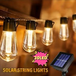TEMU 8모드 태양광 스트링 라이트, 빈티지 전구, LED 조명, PET 소재로 제작 - 방수 등급. 캠핑, 가정, 정원, 크리스마스 및 파티 장식, 텐트, 울타리, 휴일, 야외 분위기 조명에 적합. 10m/20m/30m, 태양광 야외 조명, 크리스마스 야외 조명, 크리스마스 야외 장식