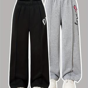 TEMU 투팩 - 여아용 120-160cm 여름 신상 패션 솔리드 컬러 하트 프린트 캐주얼 레그 와이드 팬츠, 아웃도어에 완벽|여름바지