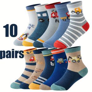 TEMU 남아용 사계절 웨어러블 자동차 엔지니어링 자동차 만화 귀여운 컬러 매칭 미드 튜브 양말 10켤레, 남아 양말, 신상 봄 가을 겨울