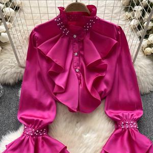 TEMU 우아한 핑크 리플 슬리브 블라우스 - 스탠드 칼라, 롱 슬리브, 올 시즌 여성용 상의, 스타일리시한 레이어링 피스, 여성용 블라우스