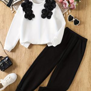 TEMU 2개 여아용 우아한 겨울 스웨터 & 팬츠 세트 - 화이트 & 블랙 러플 칼라 스웨터와 3D 러플 슬리브 트림, 솔리드 블랙 팬츠, 가을/겨울용 두꺼운 따뜻한 니트 의상, 캐주얼에서 포멀 이벤트까지, 세탁기 사용 가능, 리브 텍스처, 구조적 핏, 청소년 여아를 위한 레이어링 필수품 (2피스 세트) - 생일/크리스마스 선물로 이상적, 완벽한 선택