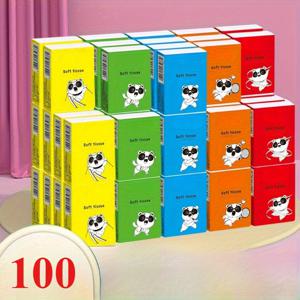 TEMU 100팩 미니 휴대용 포켓 티슈 - 다양한 색상 (빨강, 파랑, 노랑, 초록, 보라, 핑크, 검정) 만화 캐릭터 디자인, 여행, 사무실, 가정용 컴팩트하고 내구성 있는 티슈, 재미있는 패키징