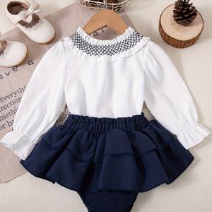 TEMU 여아용 가을 신상 러플 칼라 긴팔 인형 탑과 케이크 퍼프 스커트 팬츠 투피스 세트, 야외 활동에 완벽