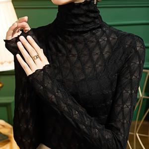 TEMU 여성용 우아한 블랙 레이스 긴팔 탑 - 하이넥, 슬림핏, 리브드 질감, 봄 & 가을에 완벽, 스타일리시한 긴팔 블라우스 | 레이스 트림 탑 | 광택 마감